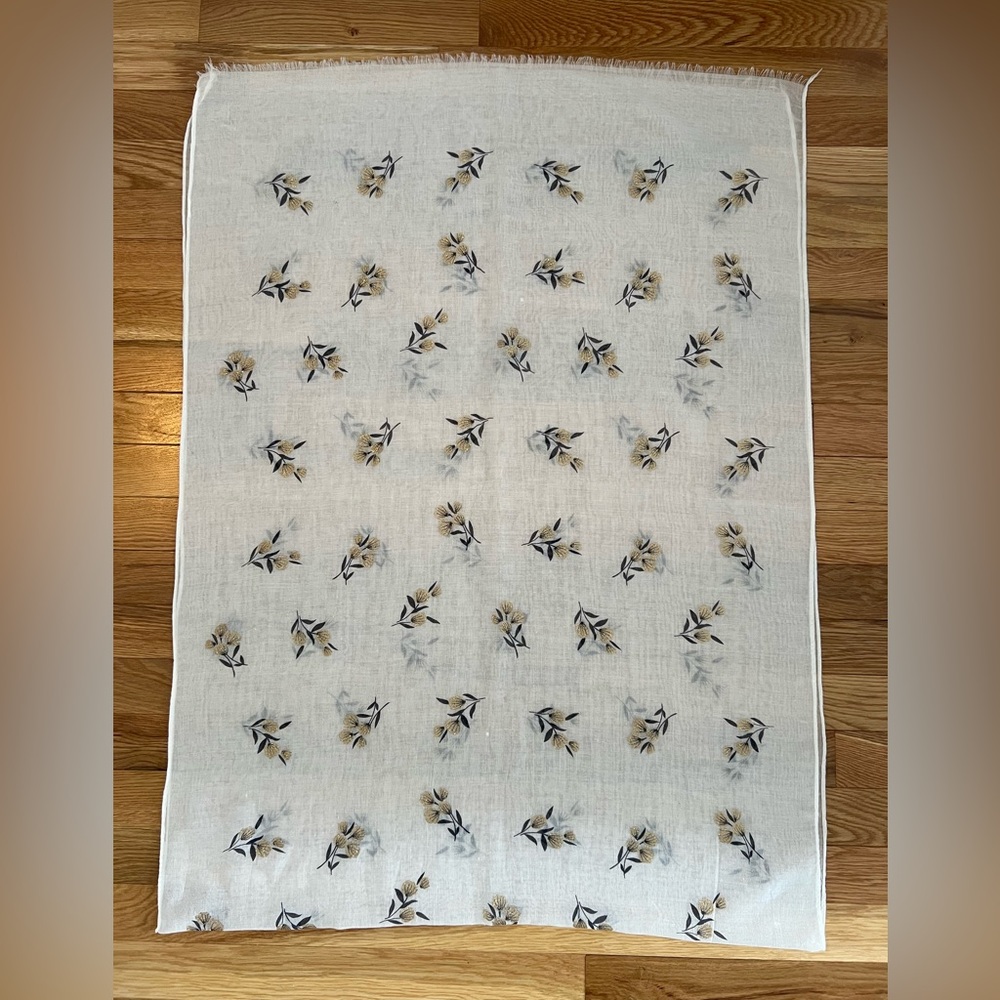 Light Floral Scarf in Cream with Mustard and Navy Accents